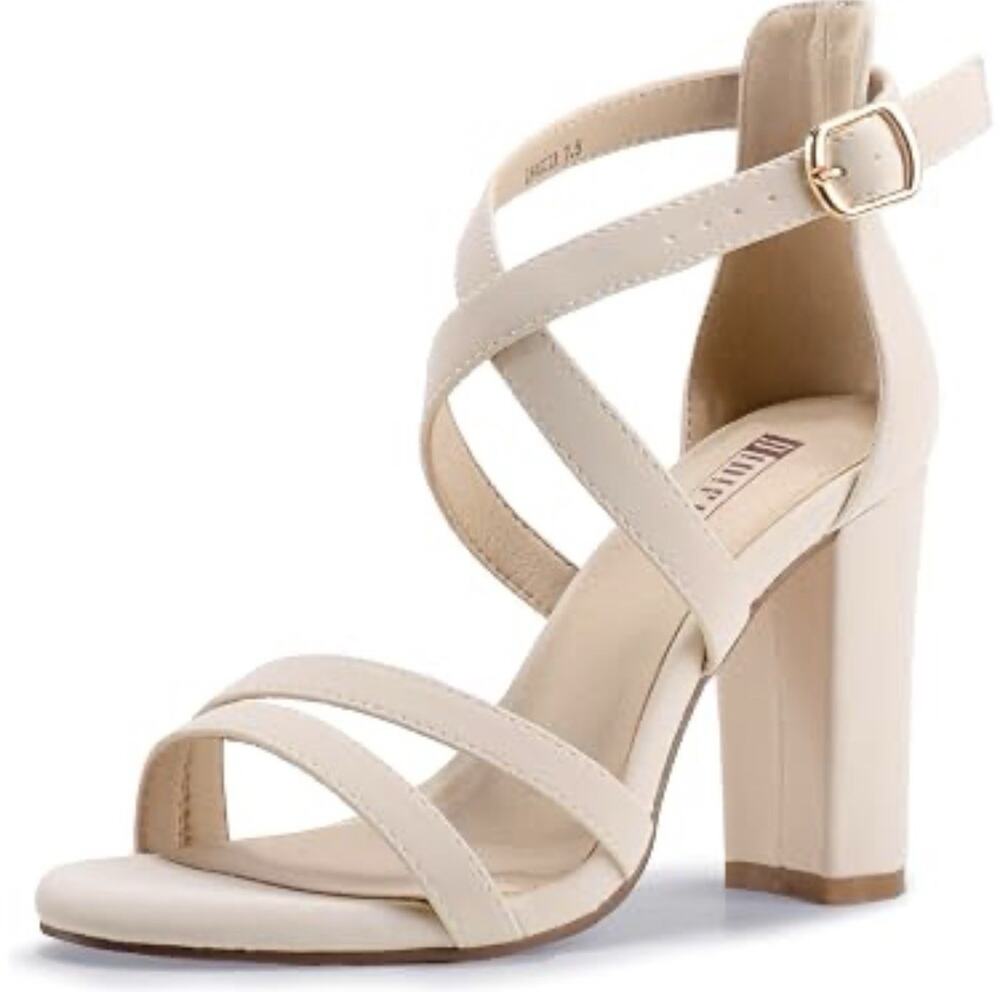 IDIFU Women's Strappy Block Heel Sandals Nude Open Toe Dress Shoes Size 8